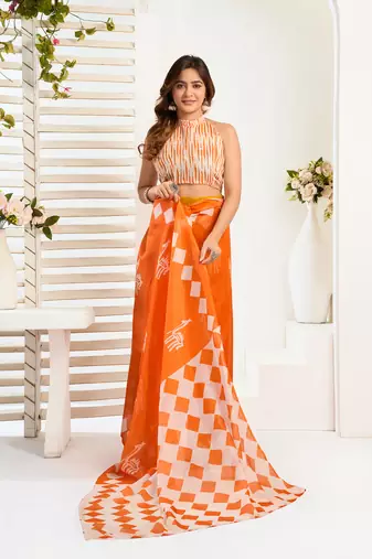 Orange digital printed linen ready to wear designer saree with unstitched blouse