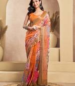 Orange digital printed linen ready to wear designer saree with unstitched blouse