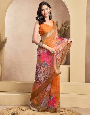Orange digital printed linen ready to wear designer saree with unstitched blouse 3
