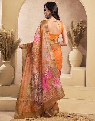 Orange digital printed linen ready to wear designer saree with unstitched blouse 4