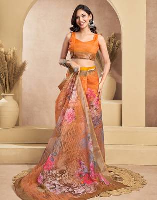 Orange digital printed linen ready to wear designer saree with unstitched blouse 5