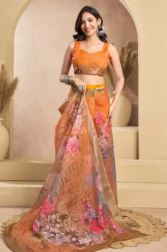 Orange digital printed linen ready to wear designer saree with unstitched blouse