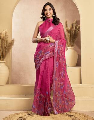 Pink digital printed linen ready to wear designer saree with unstitched blouse 1