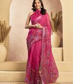 Pink digital printed linen ready to wear designer saree with unstitched blouse