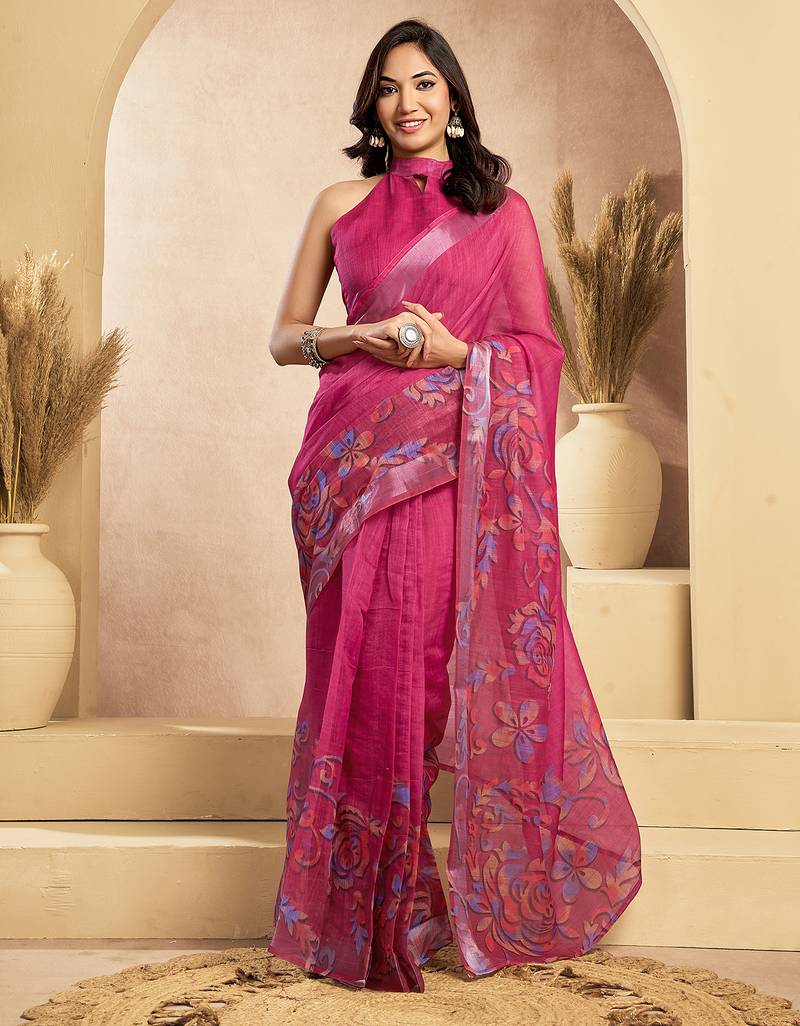 Pink digital printed linen ready to wear designer saree with unstitched blouse