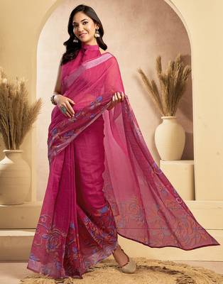 Pink digital printed linen ready to wear designer saree with unstitched blouse 3
