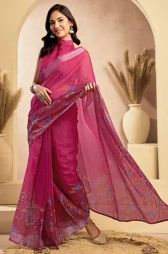 Pink digital printed linen ready to wear designer saree with unstitched blouse