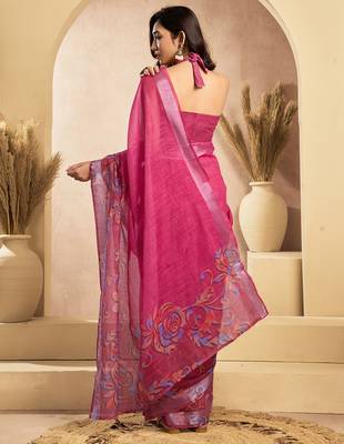 Pink digital printed linen ready to wear designer saree with unstitched blouse 4