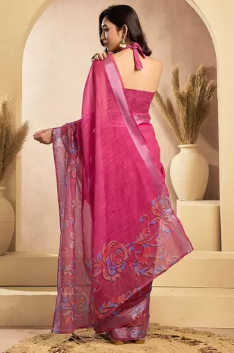 Pink digital printed linen ready to wear designer saree with unstitched blouse