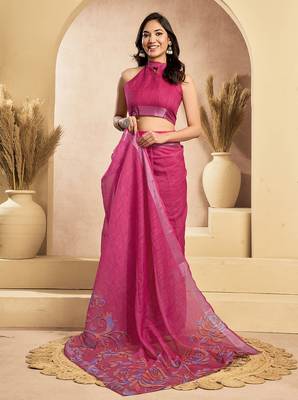 Pink digital printed linen ready to wear designer saree with unstitched blouse 5