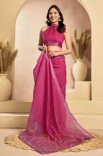 Pink digital printed linen ready to wear designer saree with unstitched blouse