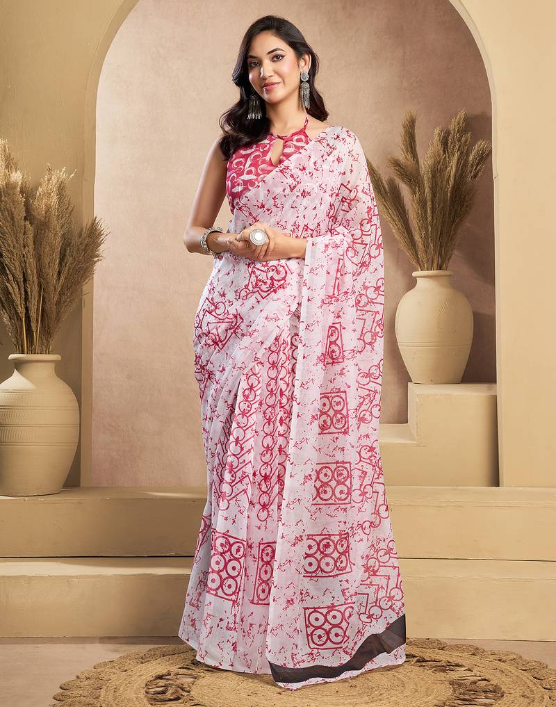 White red digital printed linen ready to wear designer saree with unstitched blouse