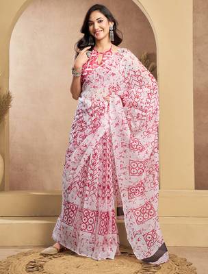 White red digital printed linen ready to wear designer saree with unstitched blouse 3