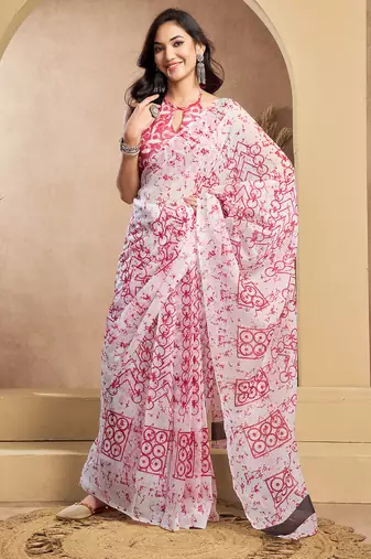 White red digital printed linen ready to wear designer saree with unstitched blouse