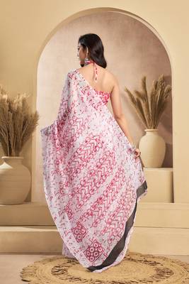 White red digital printed linen ready to wear designer saree with unstitched blouse 4