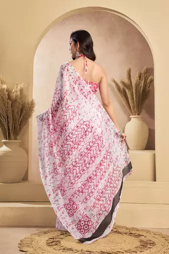 White red digital printed linen ready to wear designer saree with unstitched blouse