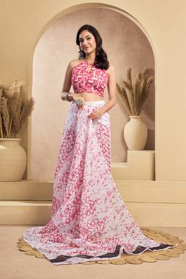 White red digital printed linen ready to wear designer saree with unstitched blouse 5