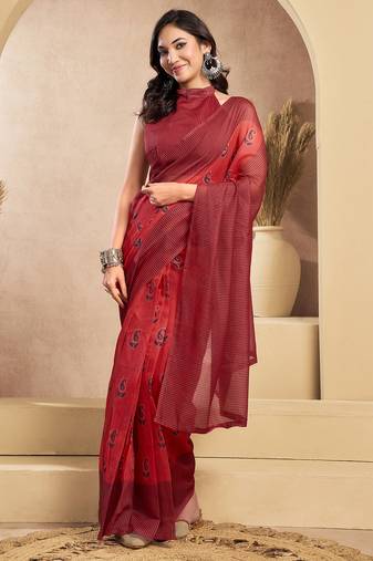 Rust digital printed linen ready to wear designer saree with unstitched blouse