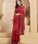 Rust digital printed linen ready to wear designer saree with unstitched blouse