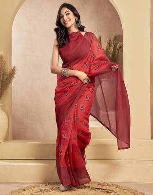 Rust digital printed linen ready to wear designer saree with unstitched blouse 3