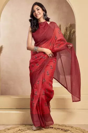 Rust digital printed linen ready to wear designer saree with unstitched blouse