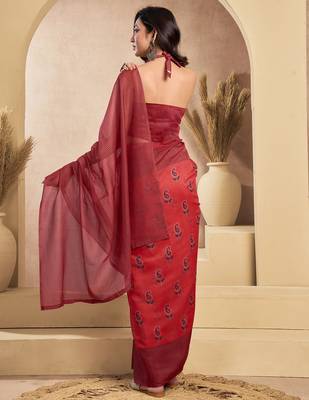 Rust digital printed linen ready to wear designer saree with unstitched blouse 4