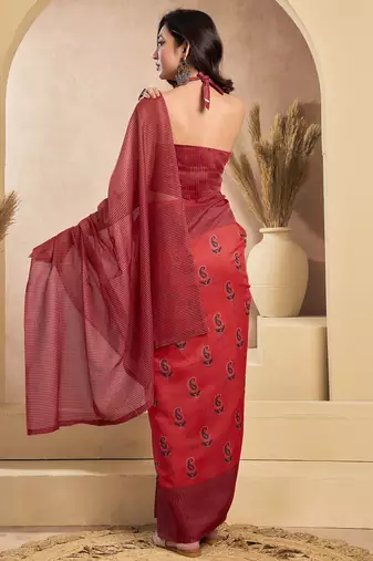 Rust digital printed linen ready to wear designer saree with unstitched blouse