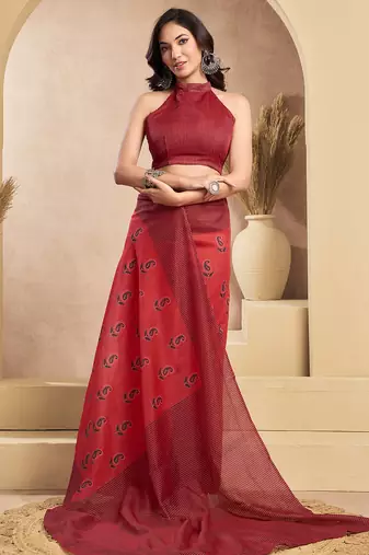 Rust digital printed linen ready to wear designer saree with unstitched blouse