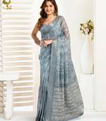 Sea blue digital printed linen ready to wear designer saree with unstitched blouse