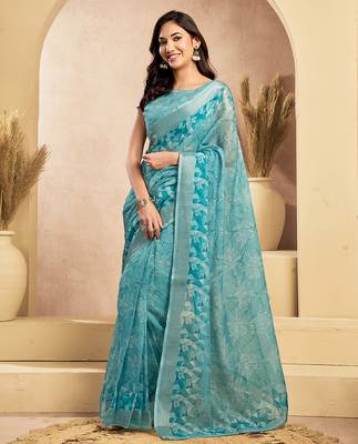 Sky blue digital printed linen ready to wear designer saree with unstitched blouse 1
