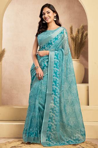 Sky blue digital printed linen ready to wear designer saree with unstitched blouse