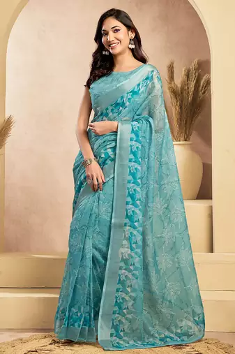 Sky blue digital printed linen ready to wear designer saree with unstitched blouse