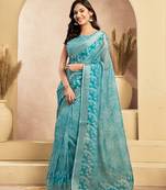 Sky blue digital printed linen ready to wear designer saree with unstitched blouse