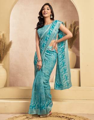 Sky blue digital printed linen ready to wear designer saree with unstitched blouse 3