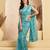 Sky blue digital printed linen ready to wear designer saree with unstitched blouse