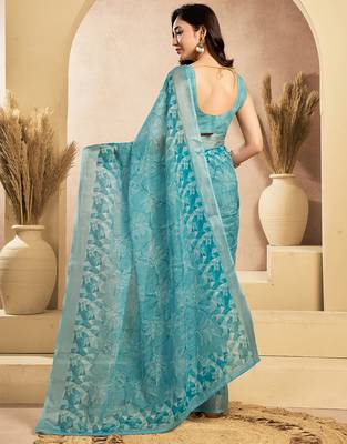 Sky blue digital printed linen ready to wear designer saree with unstitched blouse 4