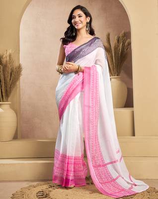 White digital printed linen ready to wear designer saree with unstitched blouse 1