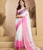 White digital printed linen ready to wear designer saree with unstitched blouse