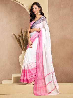 White digital printed linen ready to wear designer saree with unstitched blouse 3