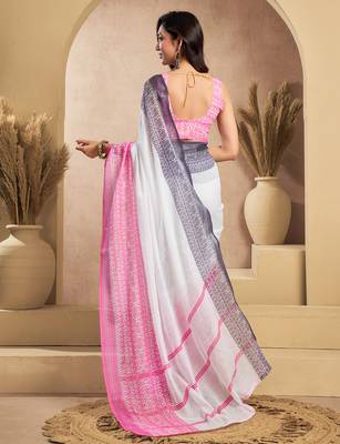 White digital printed linen ready to wear designer saree with unstitched blouse 4