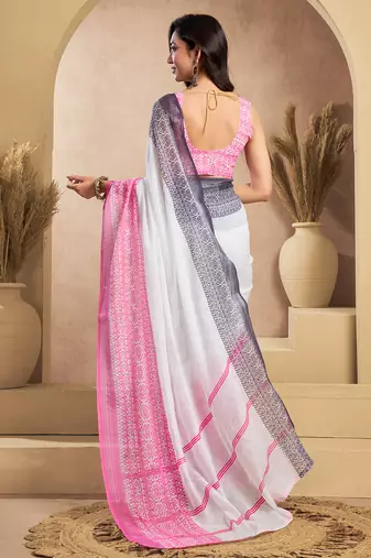 White digital printed linen ready to wear designer saree with unstitched blouse