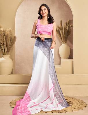 White digital printed linen ready to wear designer saree with unstitched blouse 5