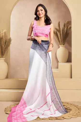 White digital printed linen ready to wear designer saree with unstitched blouse