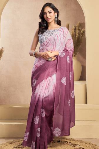 White onion digital printed linen ready to wear designer saree with unstitched blouse
