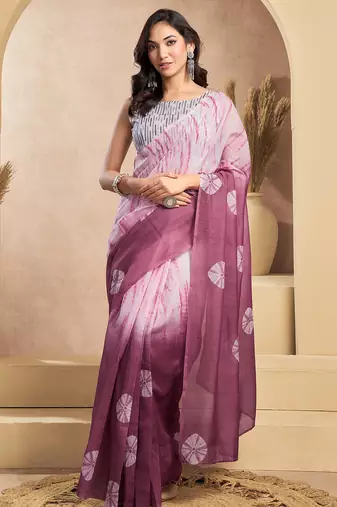 White onion digital printed linen ready to wear designer saree with unstitched blouse