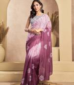 White onion digital printed linen ready to wear designer saree with unstitched blouse