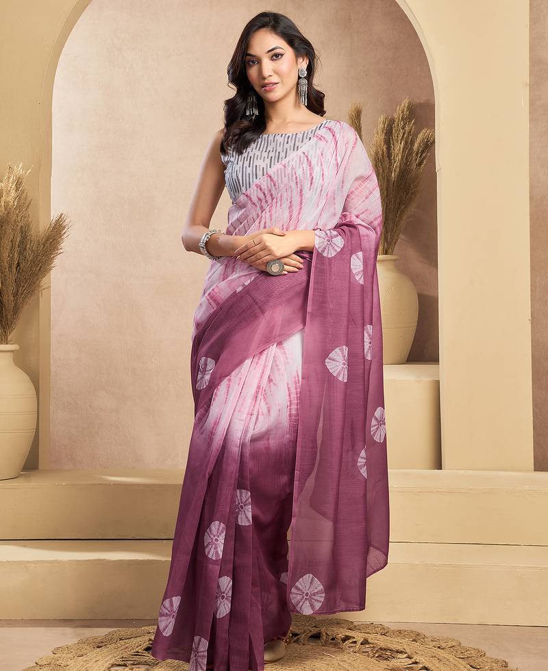 White onion digital printed linen ready to wear designer saree with unstitched blouse
