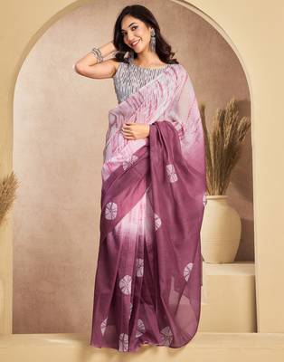 White onion digital printed linen ready to wear designer saree with unstitched blouse 3