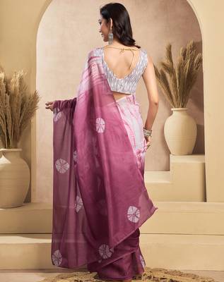 White onion digital printed linen ready to wear designer saree with unstitched blouse 4
