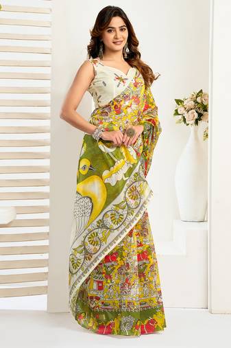 Yellow digital printed linen ready to wear designer saree with unstitched blouse